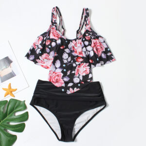 Midnight Bloom High-Waisted Ruffle Bikini Set