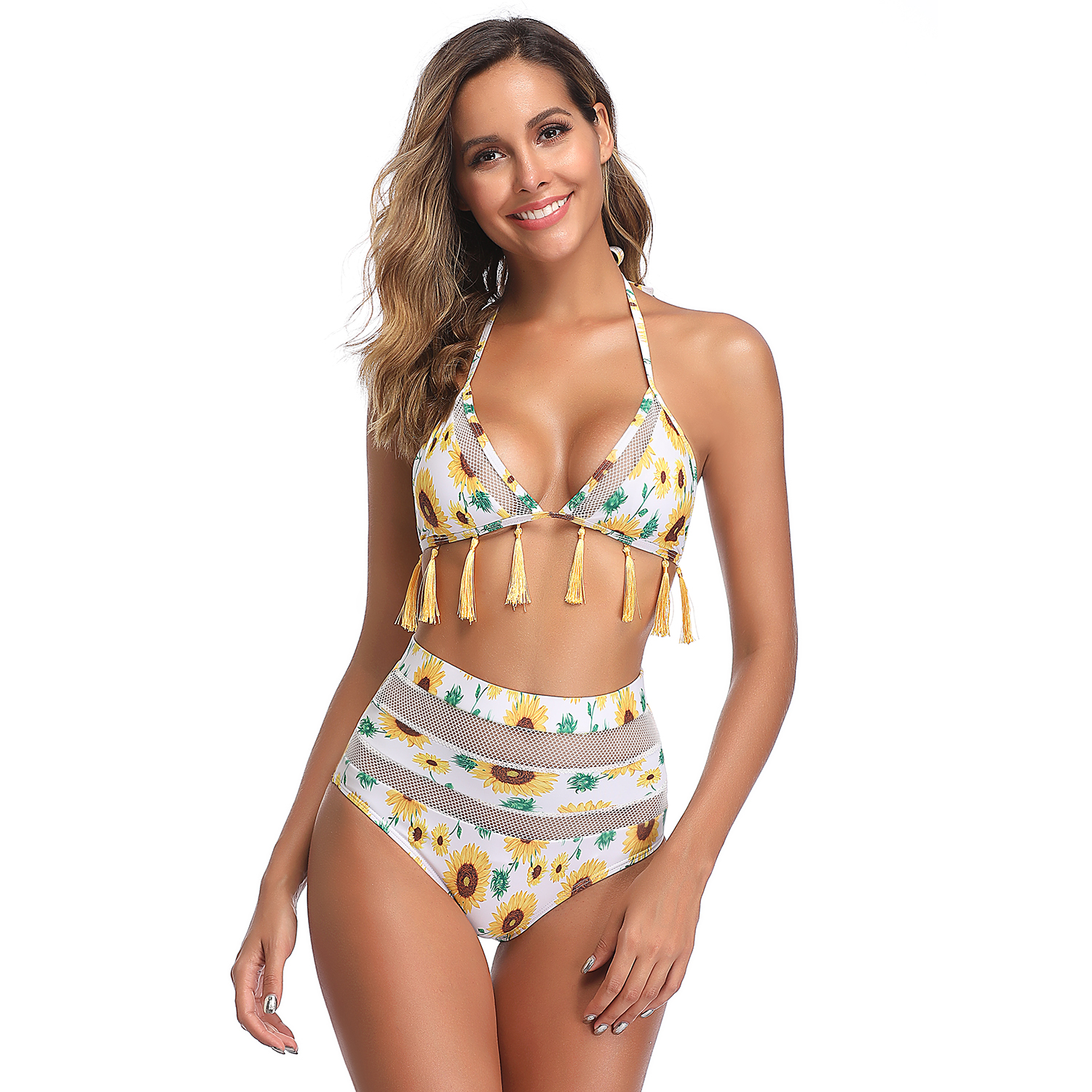 Sunflower Bliss High-Waisted Tassel Bikini Set