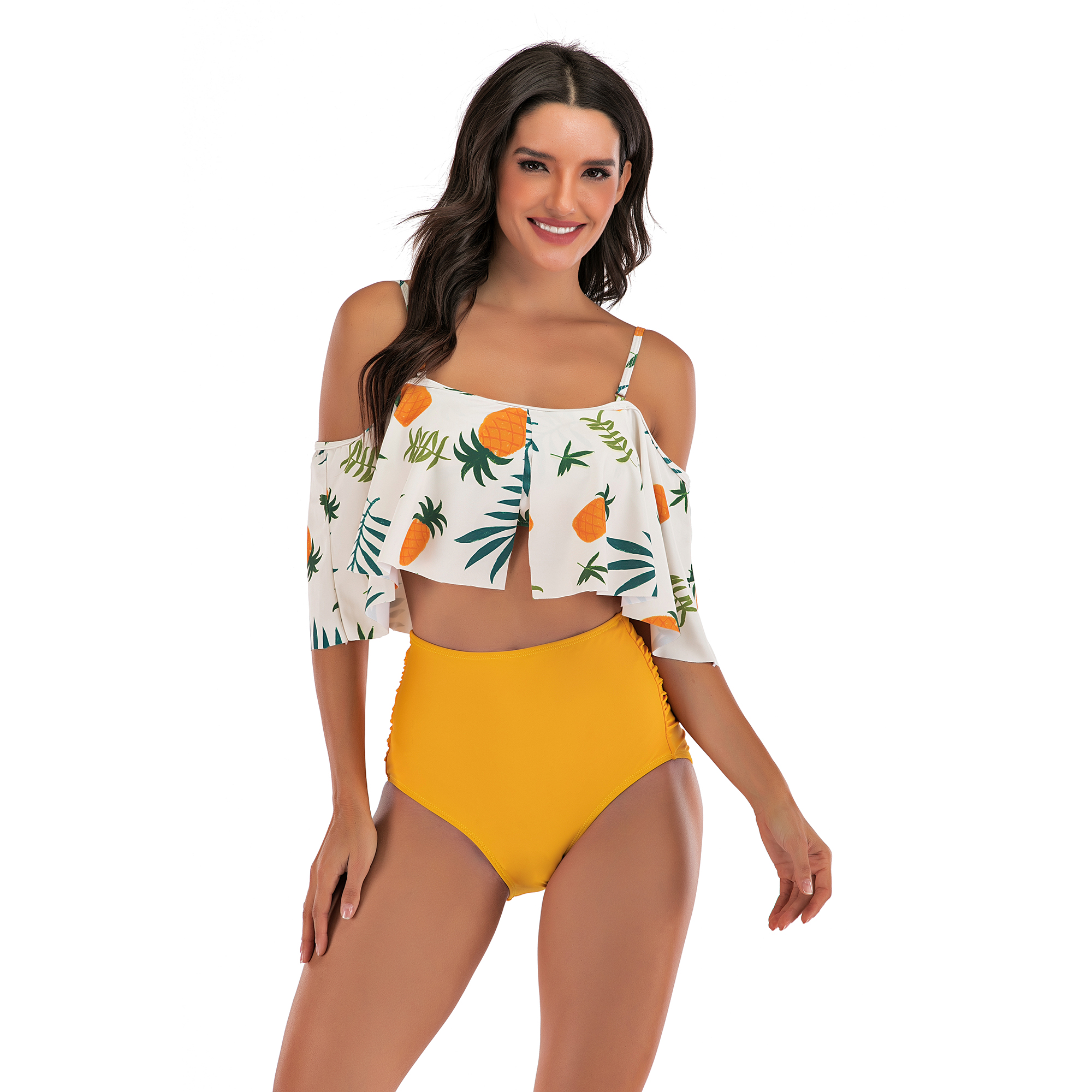 Golden Pineapple Ruffled High-Waisted Bikini
